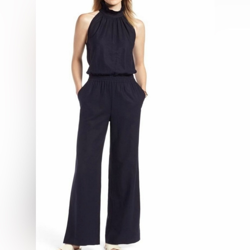 Linen blend ruffle neck jumpsuit